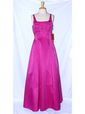 Lenovia #025 Long Hand Beaded Satin A-line Gown-Size L-HOT PINK-NWT